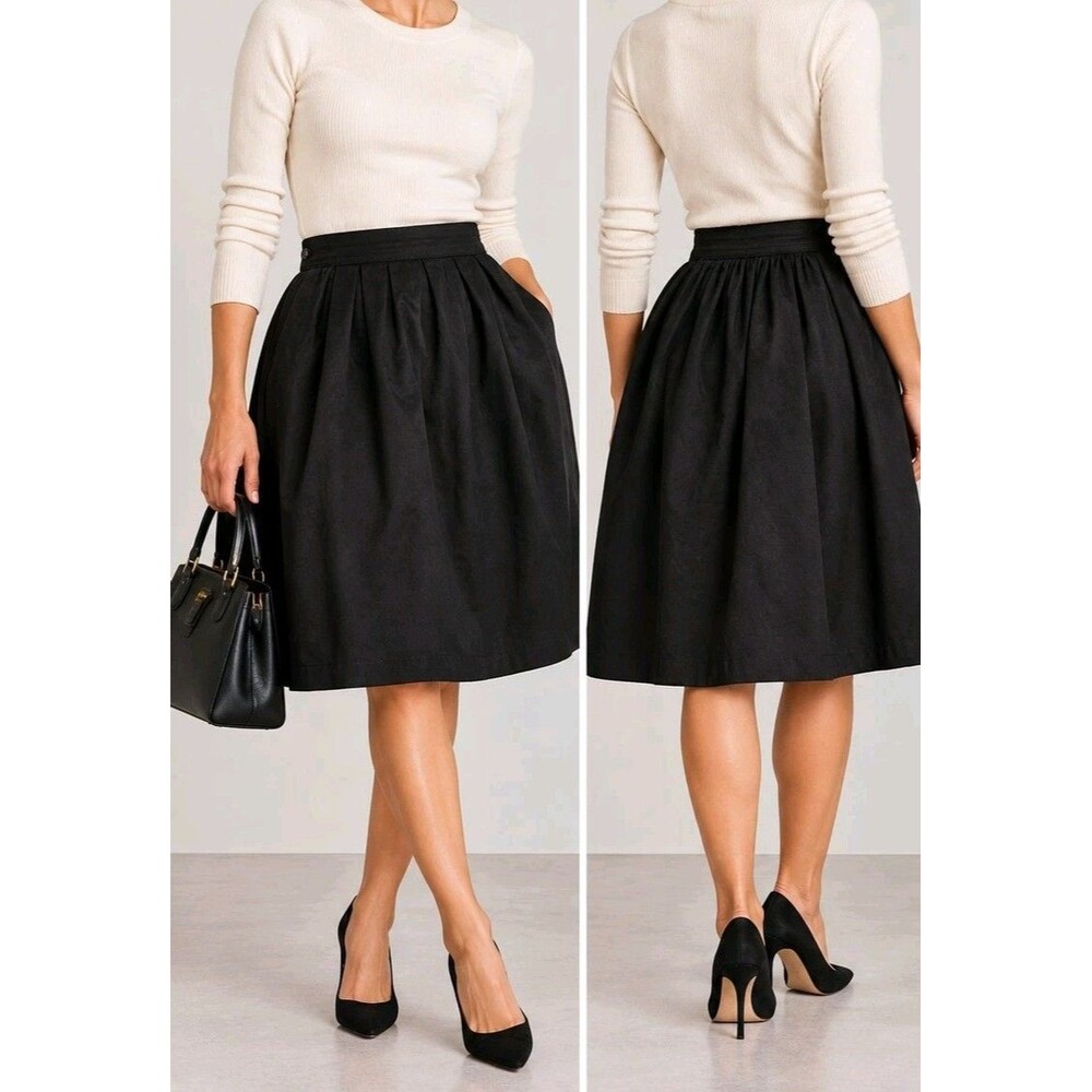 Vintage Diversity Black Wool Midi Skirt Pleated A Line Full Lined Pockets